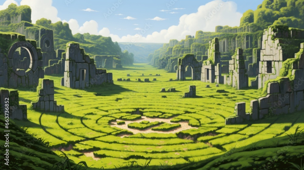 Wall mural A maze in the middle of a lush green field, AI