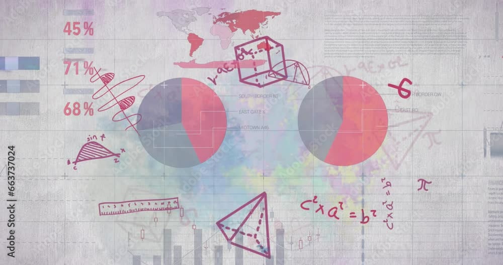 Poster animation of mathematical equations and statistical data processing against grey background