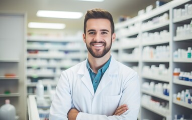 Fototapeta premium Handsome young male caucasian druggist pharmacist in white medical coat smiling and looking at camera in pharmacy drugstore