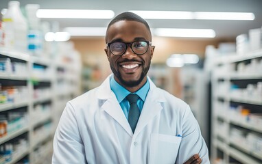 Fototapeta na wymiar Handsome young male caucasian druggist pharmacist in white medical coat smiling and looking at camera in pharmacy drugstore