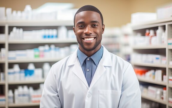 Handsome young male caucasian druggist pharmacist in white medical coat smiling and looking at camera in pharmacy drugstore