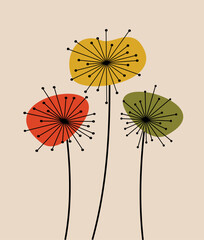 Three Abstract Dandelions Flower Art Vector Retro Style Print MCM Illustration Wall Decor Design Mid-Century Poster Atomic Starburst Printable Vintage Blowball Decoration Artwork Mid Century Modern