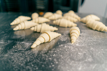 Semi-finished identical croissants lie on kitchen surface ready for baking and bakery sales