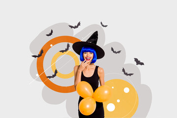 Creative 3d photo artwork graphics collage painting of funny smiling witch holding halloween...