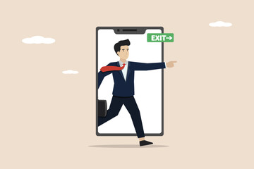 Reduce phone screen time, quit virtual social media, live your real life concept, happy young man walking out of smart phone screen following green exit sign.