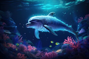 Obraz na płótnie Canvas beluga neon blue underwater background