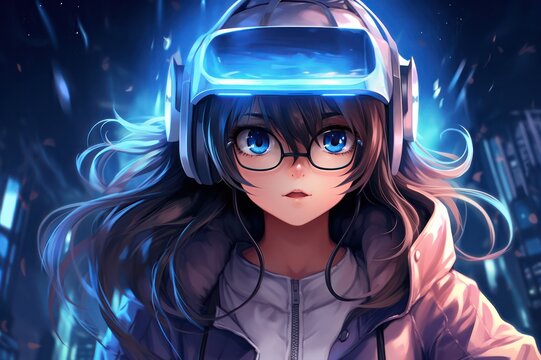 cute cartoon anime girl with neon virtual reality glasses  illustration