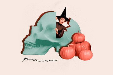 Collage 3d image of pinup pop retro sketch of amazed female human head skull broken cracked...