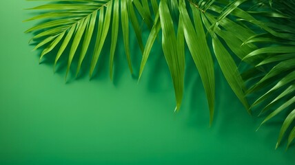Tropical palm leaves on green background with copy space. 3D render illustration for template, backdrop and graphic design