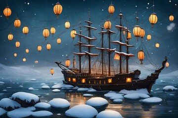 ship travelling in a sea with lanterns all around