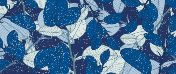 Fotobehang Winter blue botanical background with branches and leaves and snow. Vector background for cards, wallpapers, covers and presentations. © Лилия Агапова