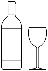 Wine bottle and wine glass outline illustration. 