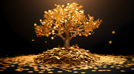 Gold coin tree loaded with coins as leaves falling on the ground, limitless income, wealth and prosperity, rich and successful business growth concept
