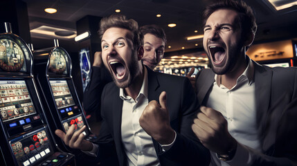 Men rejoicing their win on a slot machine at the casino - obrazy, fototapety, plakaty