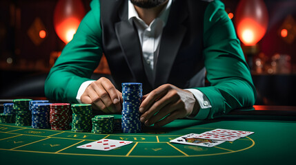 Poker player with playing cards and chips at green casino table - Powered by Adobe