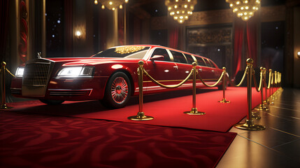 Red carpet entrance with limousine - obrazy, fototapety, plakaty