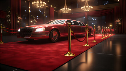Royal red carpet entry with a limousine car - obrazy, fototapety, plakaty