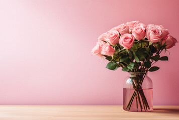 Pink roses in a vase pink wall background. AI Generated Images