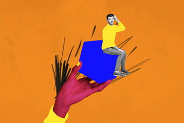 Collage image of arm hold mini black white effect guy sit square scratch head contemplate isolated...
