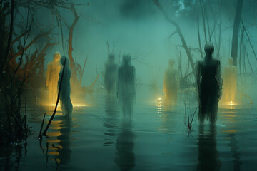 Spiritual inhabitants, ghosts in moody setting standing in water, Halloween themes - obrazy, fototapety, plakaty