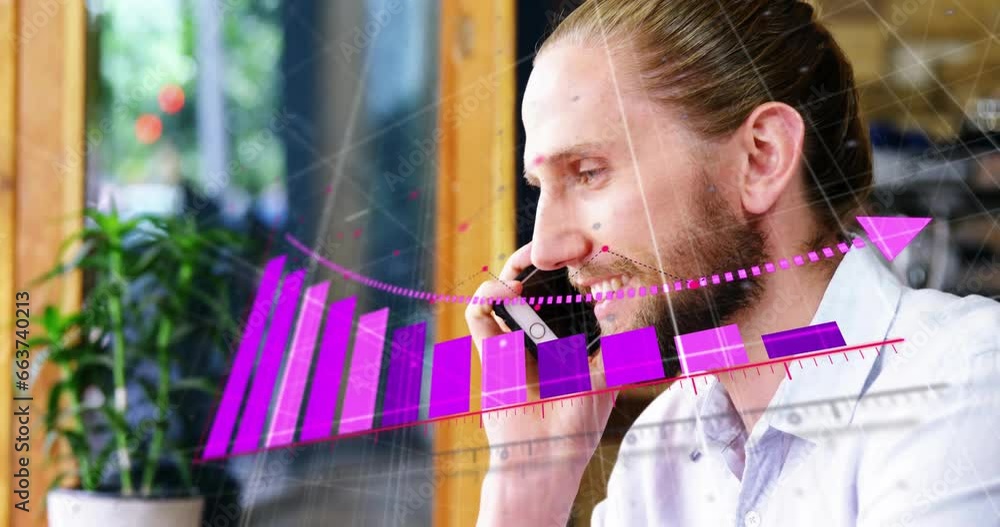 Poster animation of arrow on falling graph over caucasian man talking on smartphone