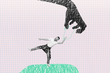 Creative collage image of mini black white effect guy tied big painted monster arm isolated on...