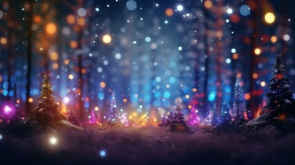 Fototapeta na wymiar Magical forest with Christmas trees and glowing lights abstract background with gold and colored particles. Christmas light shine particles bokeh. Holiday concept.