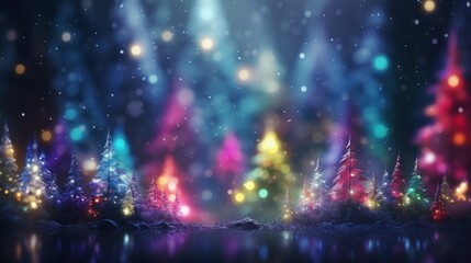 Fototapeta na wymiar Magical forest with Christmas trees and glowing lights abstract background with gold and colored particles. Christmas light shine particles bokeh. Holiday concept.