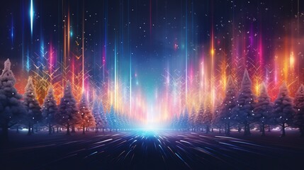 Magical forest with Christmas trees and glowing lights abstract background with gold and colored particles. Christmas light shine particles bokeh. Holiday concept.