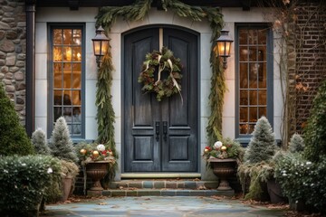 Fototapeta na wymiar A festive house entrance with a decorated wreath, plants, and a wooden door. Generative AI