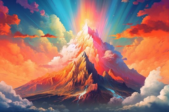 An image of a colorful peak formed by layers of vibrant colors in the sky. Generative AI