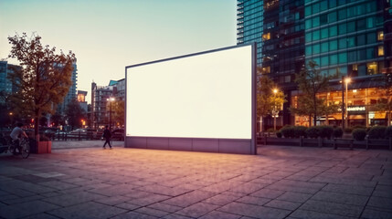 Large blank advertising poster billboard in front of building in urban city. Generative AI