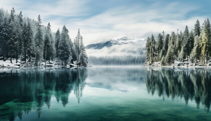 reflation of pine trees in lake eibsee in winter
