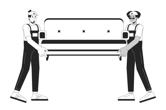 Diverse men furniture movers black and white cartoon flat illustration. Moving company workers carrying sofa 2D lineart characters isolated. Relocation service monochrome scene vector outline image