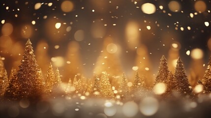 Fototapeta na wymiar Magical forest with gold particles and Christmas trees, glowing lights. Christmas Golden lights shine particles bokeh on a gold background. Holiday concept.