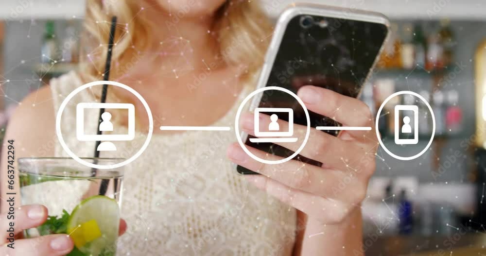 Poster animation of flowchart and connected icons, caucasian woman with lemonade and using cellphone