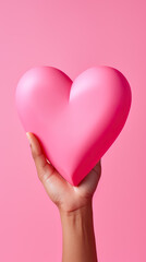 hand holds a heart love shape on a pink background