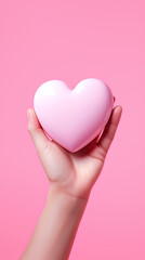 hand holds a heart love shape on a pink background