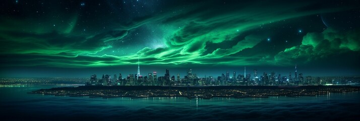 a city in the distance with the aurora light over it - obrazy, fototapety, plakaty