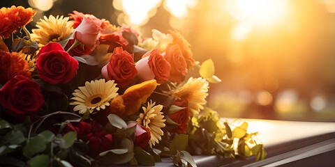 Floral tributes grace a cemetery burial, while an evening funeral scene is adorned with casket and blooms - obrazy, fototapety, plakaty