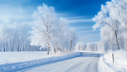 winter road covered with snow on sunny day