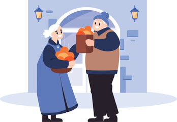 Hand Drawn Elderly people talking in front of the house in flat style