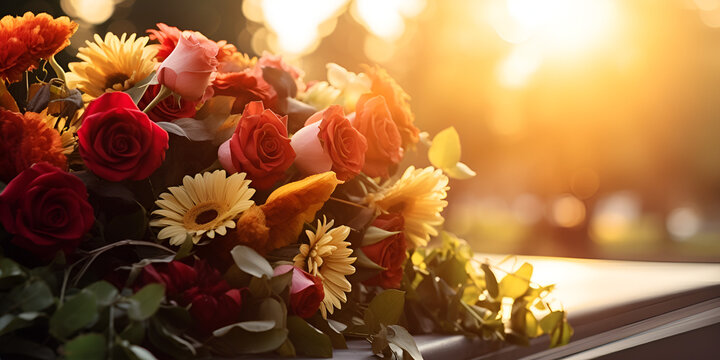 Floral tributes grace a cemetery burial, while an evening funeral scene is adorned with casket and blooms
