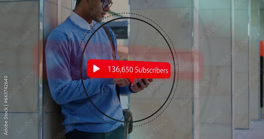 Poster animation of subscribers text, changing numbers, biracial man standing and scrolling on cellphone