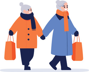 Hand Drawn couple wearing winter clothing walks on a path filled with snow in flat style