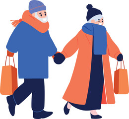 Hand Drawn couple wearing winter clothing walks on a path filled with snow in flat style