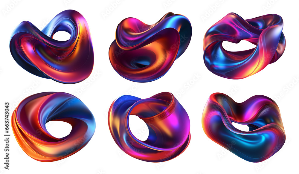 Poster abstract colorful twisted shapes set isolated. vivid whirling distorted shapes in motion