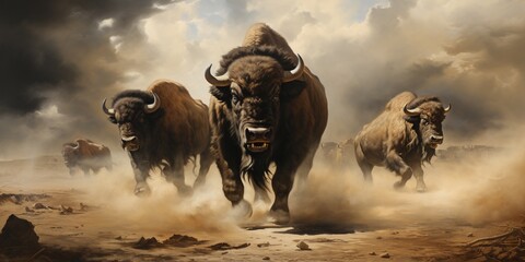 A Herd of buffalos stampedes across a barren landscape, a cloud of dust trailing behind them - obrazy, fototapety, plakaty