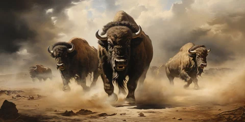 Poster A Herd of buffalos stampedes across a barren landscape, a cloud of dust trailing behind them © Влада Яковенко