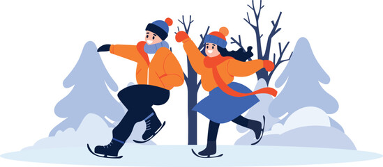 Hand Drawn couple character playing ice skating in winter in flat style
